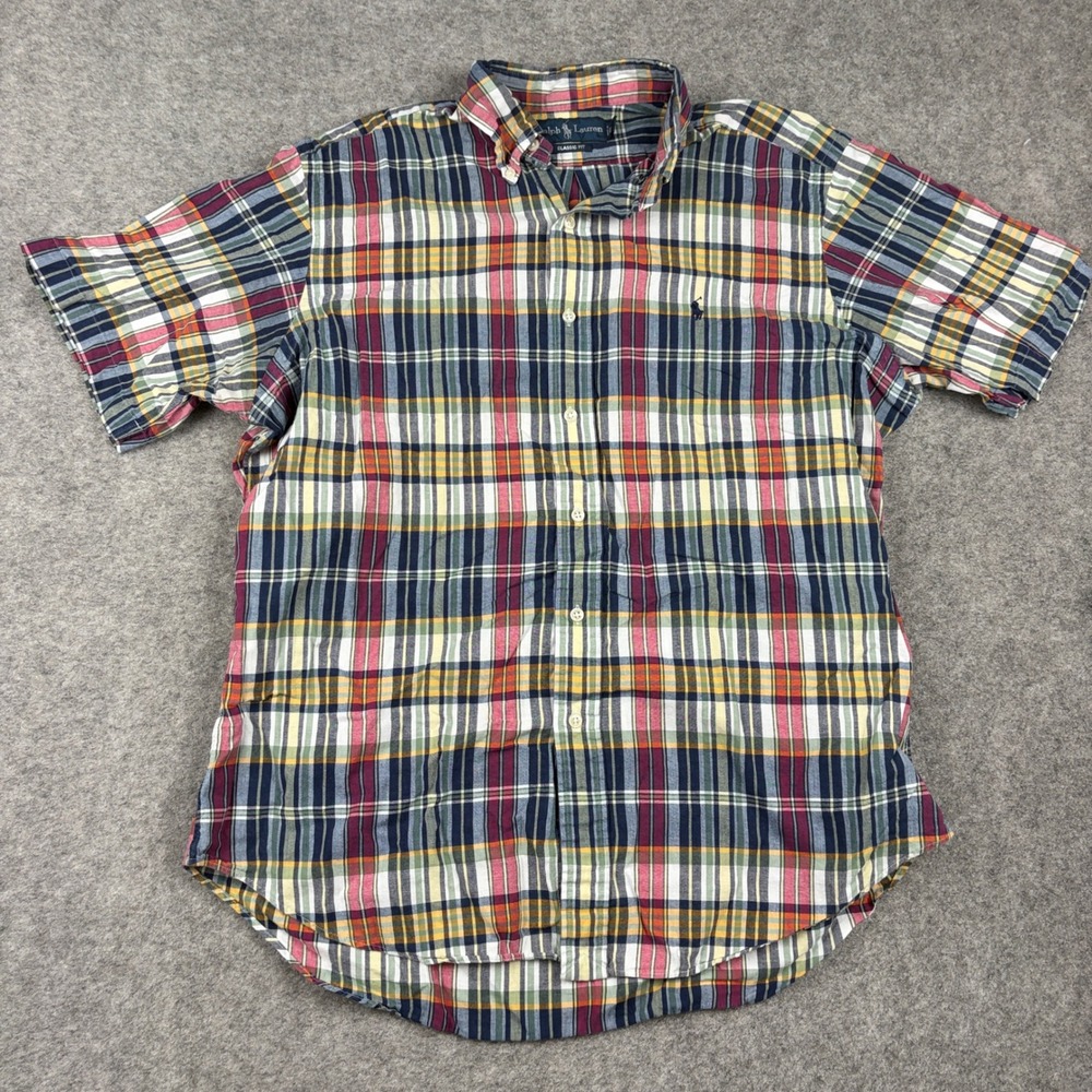 Ralph Lauren Button Down Mens Large Multi-Color Plaid Short Sleeve Classic Fit - Picture 2 of 10